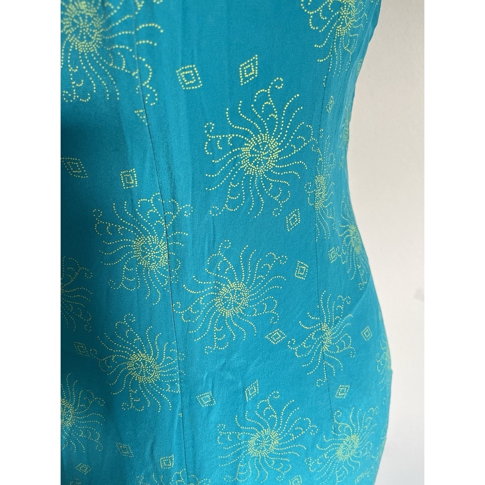 Vintage Retro 90's 100% Silk Celestial Sun Moon Teal Maxi Sheath Dress Size 8 - Picture 4 of 5